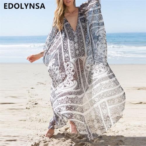 2021 Grey Bohemian Printed Kaftan Beach Dress Tunic Plus Size Women Summer Beachwear V Neck Loose Maxi Dress rode de plage N691