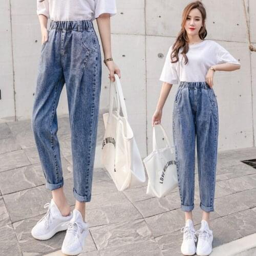 2021 High Waist Jeans Woman Plus Size Street Style Elastic Waist Denim Pants Cotton Loose Coated Vintage Boyfriend Harem Jeans