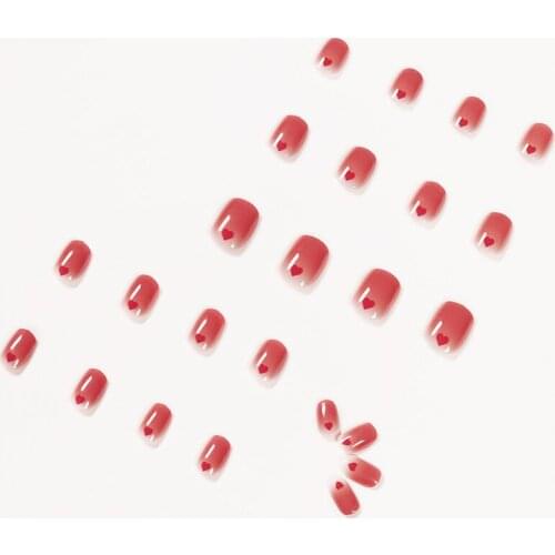 24pcs Red Heart Shape Wear Short Paragraph Fashion Manicure Patch False Nails Save Time Wearable Nail Patch MH88