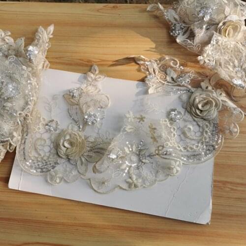 2Y/Lot Vintage 3D Lt. Champagne Mesh Embroidery Wedding Dress Sequined Lace Trim Luxyry Bridal Lace Sewing Clothing Accessories