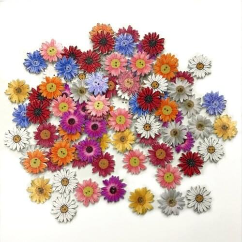 50pcs Flower Shape Mixed Color Wood Buttons Vintage Buttons with 2 Holes for DIY Sewing Crafts