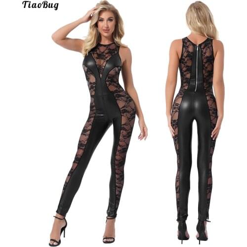 Black Women Jumpsuit Lingerie Round Neck Sleeveless See-Through Embroidered Lace Patchwork Patent Leather Bodysuit Underwear