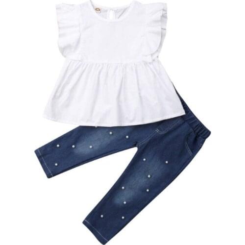 Citgeett Summer 2Pcs Toddler Kids Baby Girl Clothes Cotton White Top T-shirt Denim Long Ripped Pants Outfits Fashio Set Clothes