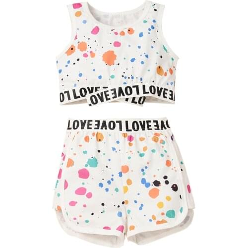 Kids Girls 2Pcs Summer Outfits Dots Letter Print Crop Top + Elastic Band Split Shorts Toddler Kids Girls Tracksuit Clothing Set