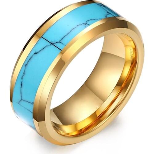 Blue Turquoises Gold Tungsten Carbide Rings for men and women Fashion jewelry Wedding Bands ring Anniversary USA Size 7 to 15