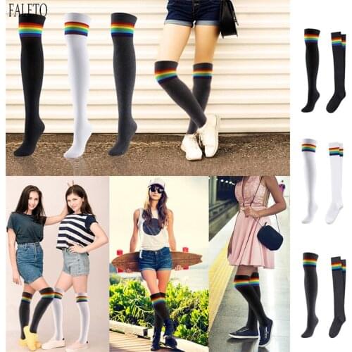Faleto Hot Sale Women Rainbow Striped Over Knee Tube Socks Thigh High Boot Long Stocking Leg Warmer Novelty Sports Girls Socks
