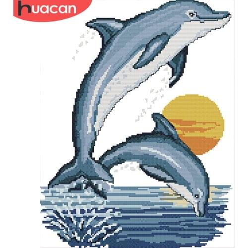 HUACAN Embroidery Cross Stitch Dolphin Animal 11CT 14CT Cross Stitch Sets White Canvas Needlework Handicrafts