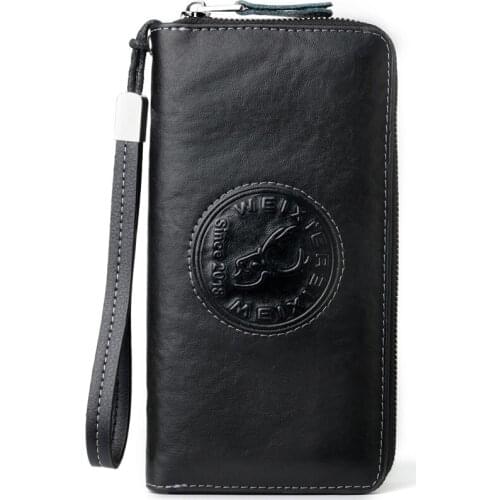 Vintage Genuine Leather Wallet RFID Theft Protect Zipper Coin Pocket Long Purse for Men Card Holder