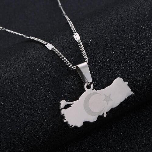Stainless Steel Turkey Map Pendant Necklace for Women Men Turks Patriotic Chain Jewelry