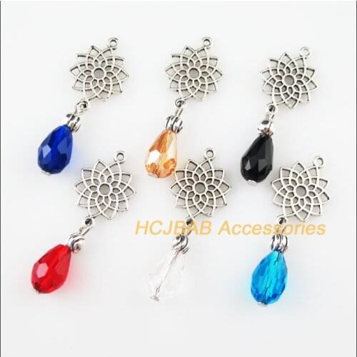 Fashion 12 New Lotus Flower Charms Tibetan Silver Color Mixed Crystal Pendants 14x39mm