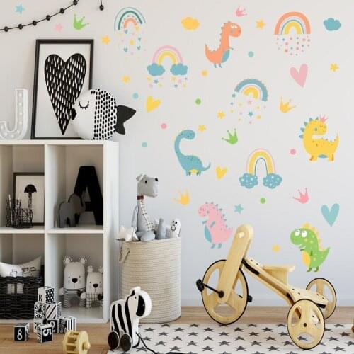 Cartoon Dinosaur Colorful Cloud Wall Sticker for Kid Room Bedroom Decor Mural DIY Rainbow Nursery Decal Room Backdrop Wall Decor