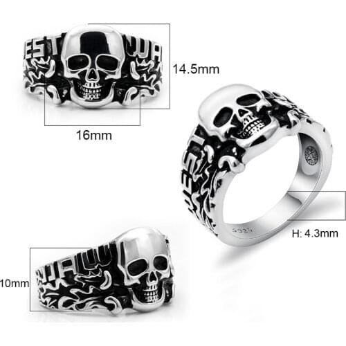 Creative 925 Sterling Silver Skull Ring Mens Gothic Personality Punk Ring Fashion Metal Accessories Party Jewelry Size 7-12