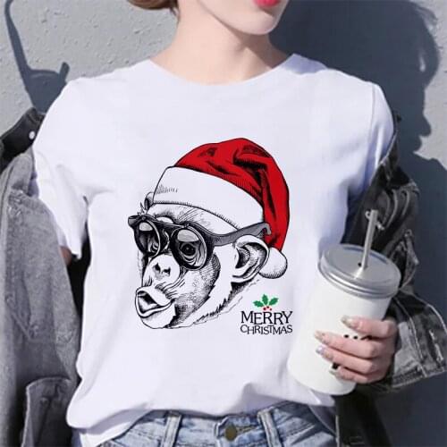 New T Shirt Women Orangutan with Christmas Hat Printed Tshirt Female Harajuku White O-neck Tops Fashion Casual T-shirt Clothing