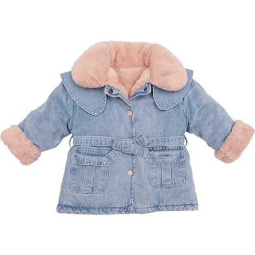 Autumn Winter Baby Girls Denim Jacket Plus Fur collar Warm Toddler Outerwear Plush Cowboy jackets Kids Thicken Infant Girl Park