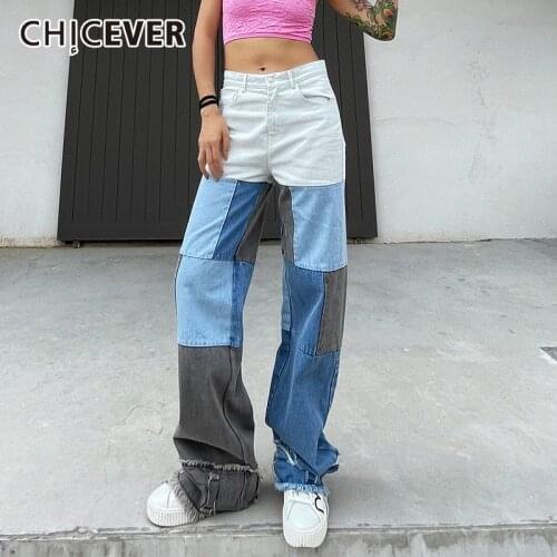 CHICEVER Colorblock Casual Denim Jeans For Female High Waist Full Length Loose Womens Wide Leg Pant 2021 Summer Fashion Clothes