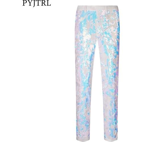 PYJTRL New Design Men White Sequins Velvet Casual Pants Floral Shiny Wedding Groom Singer Expandable Waist Trousers