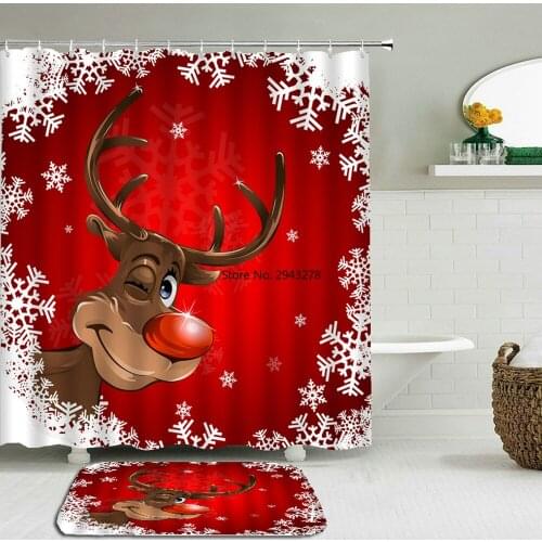 Merry Christmas Bathroom Set Snowman Santa Father Bell Elk New Year Waterproof Shower Curtain Toilet Cover Mat Non-Slip Rug