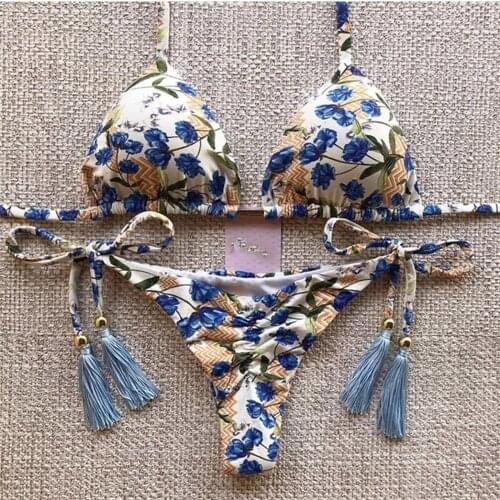 Sexy Bikini Womens Print Tassel Bandage Bikini Set Push-Up Brazilian Swimsuit Two Piece Split Swimwear Beachwear Bathing Suit