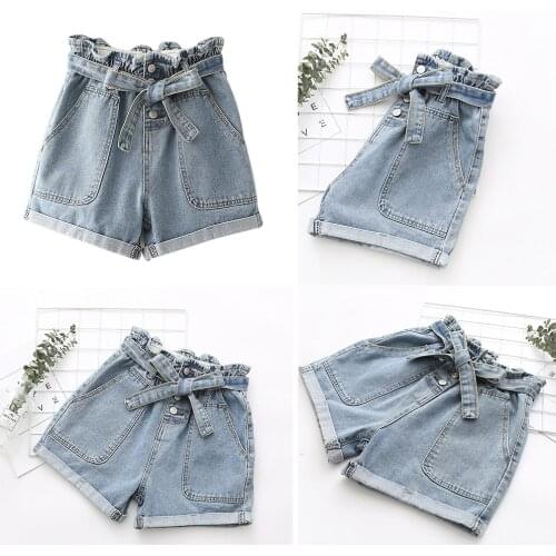 Fashion Loose Jeans Shorts Summer Casual Worn High Waist Single Breasted Womens Short Retro Wild Belt Elastic Waist Denim Short