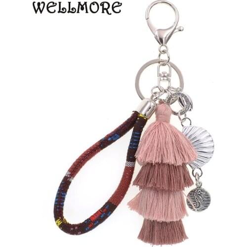 WELLMORE bohemia Key Chains handmade shell with long tassel alloy Key Chain Girl Bag Keychain fashion jewelry dropshipping