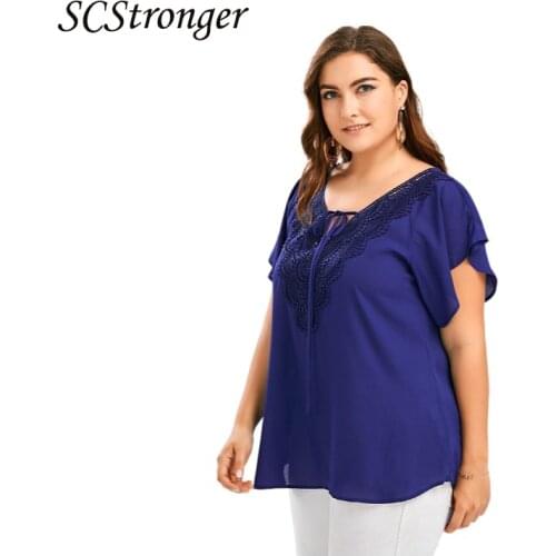 SCSTRONGER Summer Womens Flared Sleeve Vneck Shortsleeved Tshirt Lace Patchwork Top Plus Size Women Blusas Feminina Verao 2021