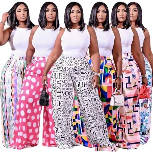 2021 Summer Women Plus Size Casual Letter Printed Wide Leg Pants High Waist Sexy Elegant Outdoor Sports Streetwear Trousers 4XL
