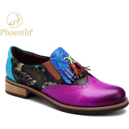 Phoentin womens Retro Ethnic style tassels Loafers Shoes 2021 Genuine Leather British slip on Brogues low heels Shoes FT1414