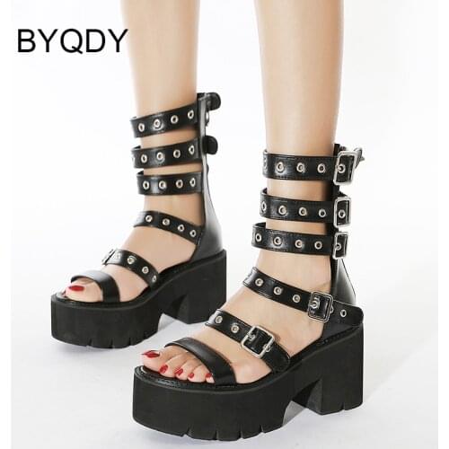 BYQDY Sexy Rivets Women Platform Sandals Thick Sole Gothic Belt Buckle Gladiator Ladies Shoes Black Zipper Soft Leather Punk