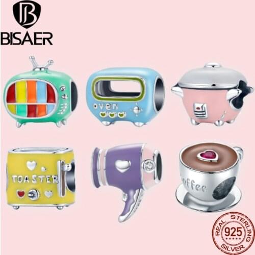 BISAER 925 Sterling Silver Colorful Enamel Charms Cooker TV Oven Toaster Beads Fit Original Bracelet For Women Jewelry Making EC