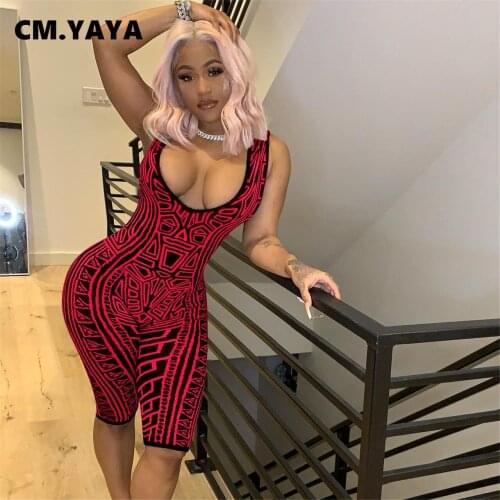 CM.YAYA Women Playsuit Print Sleeveless O-neck Sheath Elastic Bodycon Playsuits Casual Tracksuit One Piece Set Summer Outfit