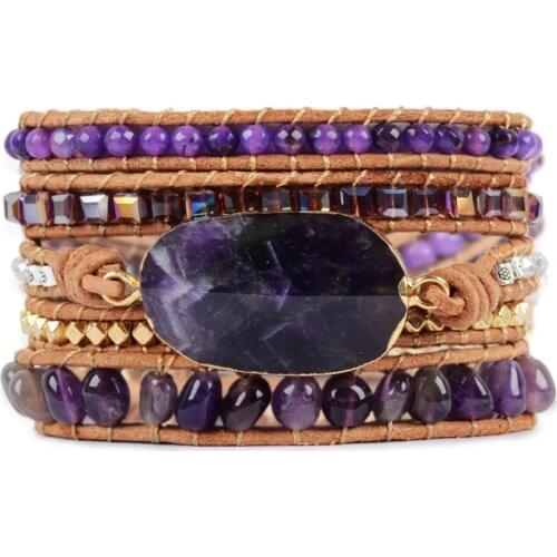 Genuine Amethysts Leather 5 Strands Wrap Bracelet Healing Stone Handmade Bracelets Women Natural Stone Beaded Leather Bracelet