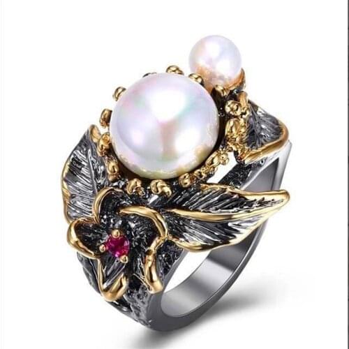 Popular Vintage Black Flower Plants White Round Pearl Silver Color Ring for Women Party Jewelry Female Hand Accessories