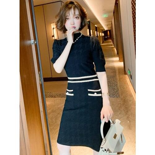 Retro Houndstooth Half-Collar Contrasting Color High Waist Slim Jersey Dress Womens 2020 Early Autumn New Style