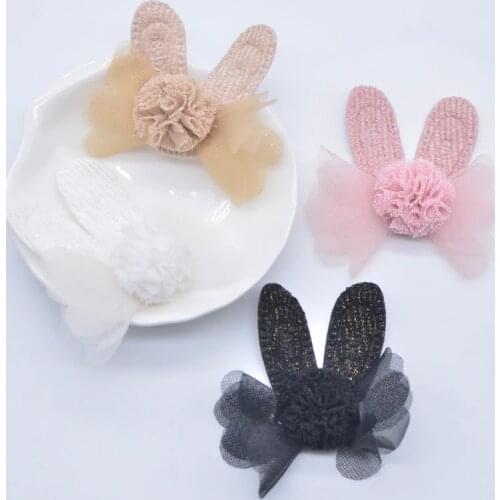 10Pcs Rabbit Ear with Chiffon Ball for DIY Clothes Socks Gloves Shoes Patch Fabric Sewing Applique Headwear Hat Hair Clips Decor