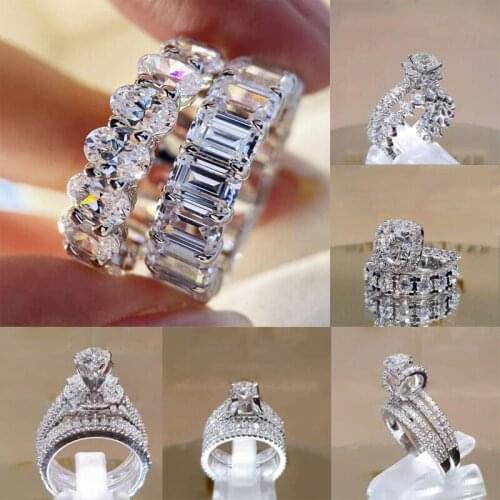 2 PCS/Set Zircon Crystal Series! Trendy Rings Set for Women Wedding Engagement Jewelry Female Hand Accessories Whole Sale