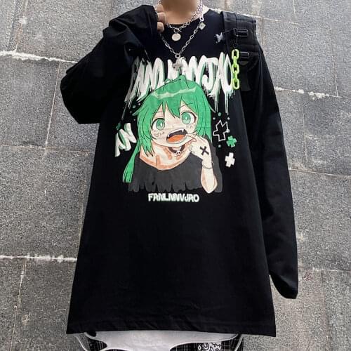 2021 Long-sleeved T-shirt Men Women Dark Wind High Street Ins Cartoon Anime One Piece Graffiti Printing Oversize Clothing Top