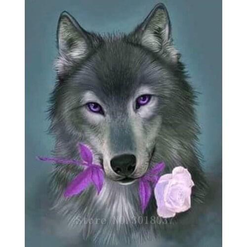 Diy Diamond Painting Cross Stitch Wolf With Rose In Its Mouth Diamond Embroidery Full Square Diamond Mosaic Decorative Stickers