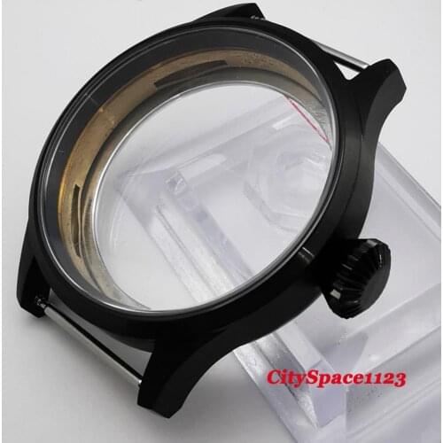 Corgeut 43mm stainless steel Sapphire Glass PVD Black Watch parts Case Fit ETA 6497 6498 ST3600 movement