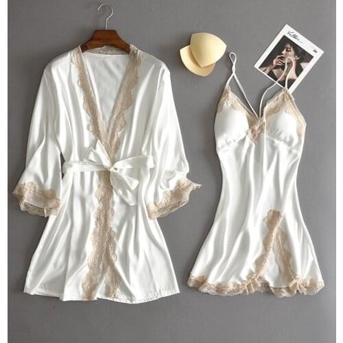 Lace Bridal Wedding Robe Suit Satin Women Kimono Bath Gown Sexy Bathrobe Chemise Nightgown Summer Dressing V-Neck Loungewear