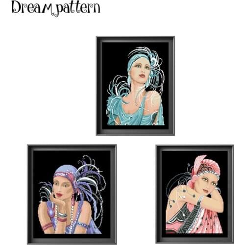 Blue dress lady cross stitch kits people pattern 18ct 14ct 11ct black fabric cotton thread DIY embroidery kit for beginners