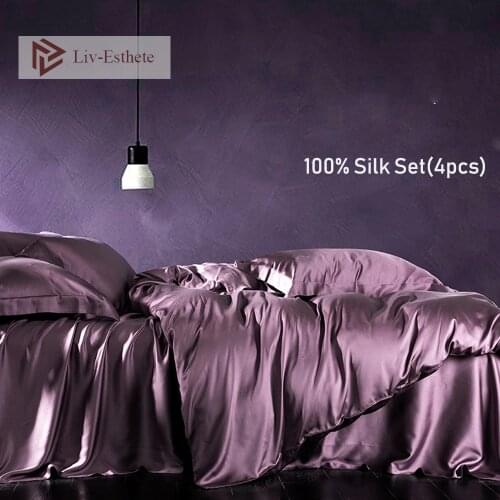 Liv-Esthete Noble 100% Silk Beauty Bedding Set Silky Healthy Purple Duvet Cover Flat Sheet Pillowcases Queen King Bed Linen Set