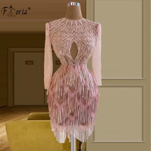 Pink Beading Tassel Short Bodycon For Prom Party Long Sleeve Mini Cocktail Dresses 2021 Special Occassion Celebrity Dress Robes