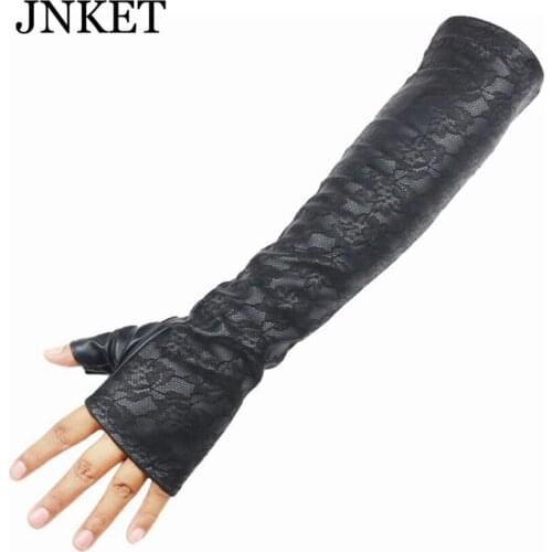 JNKET Long Sleeved Leather Gloves Ladies Winter Fashion Lace Design PU Leather Gloves Windproof Warm Driving Gloves