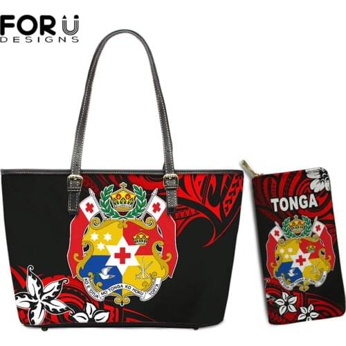 FORUDESIGNS Fashion Womens Pu Leather Shoulder Bags And Purses 2Set Tonga Polynesian Pattern Girls Casual Tote Bag Beach Bolsas