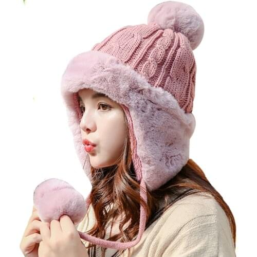 New Girl Warm Ski Brand Big Fur Pom Poms Warm knit hat set Winter Women Wool Beanie Hat thick Skullies Female Cap