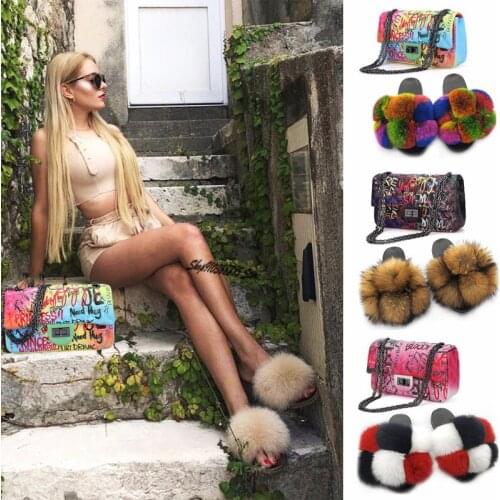 New Womens Real Fox Fur Fluffy Slippers Cute Home Furry Shoes Ladies Fashion Graffiti Shoulder Bags Jelly Bag Set Messenger Bag