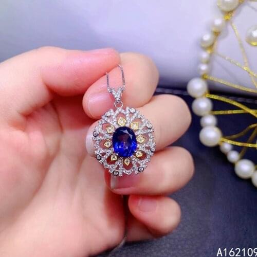 Fine Jewelry 925 Sterling Silver Inlay With Natural Gem Womens Trendy Fashion Flower Dark Blue Topaz Pendant Necklace Support D