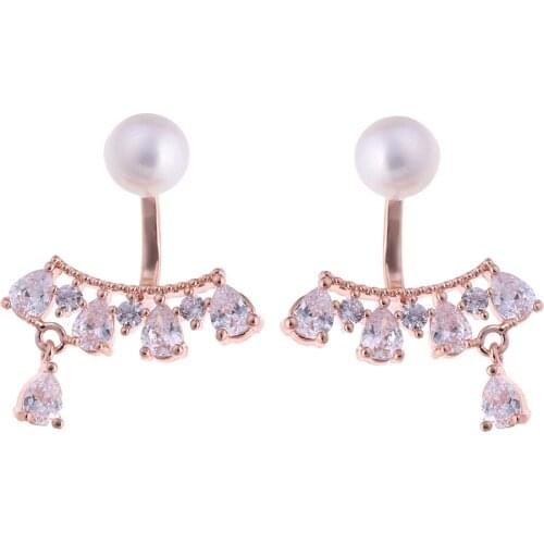 Lureme Cubic Zirconia Earrings Metal Leaf with Pearls Ear Jacket Earrings Back Ear Cuffs Stud Earrings for Women Girl (er005390)