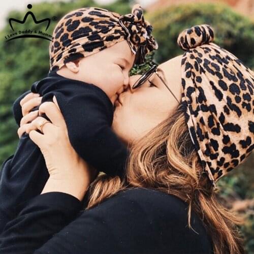 Mom Baby Hat Cap Newborn Infant Lepoard Flower Bow Knot Beanie Parent-child Cap Soft Kids Turban Hat
