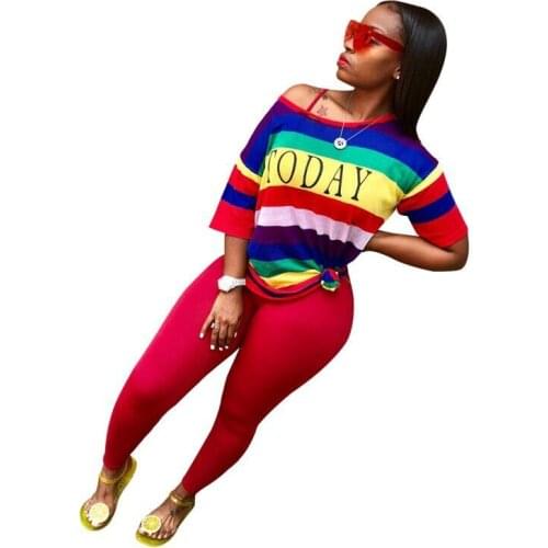 Adogirl Rainbow stripes Sporting Two Piece Set shorts Sleeve Bodycon pants Women Fashion Suits